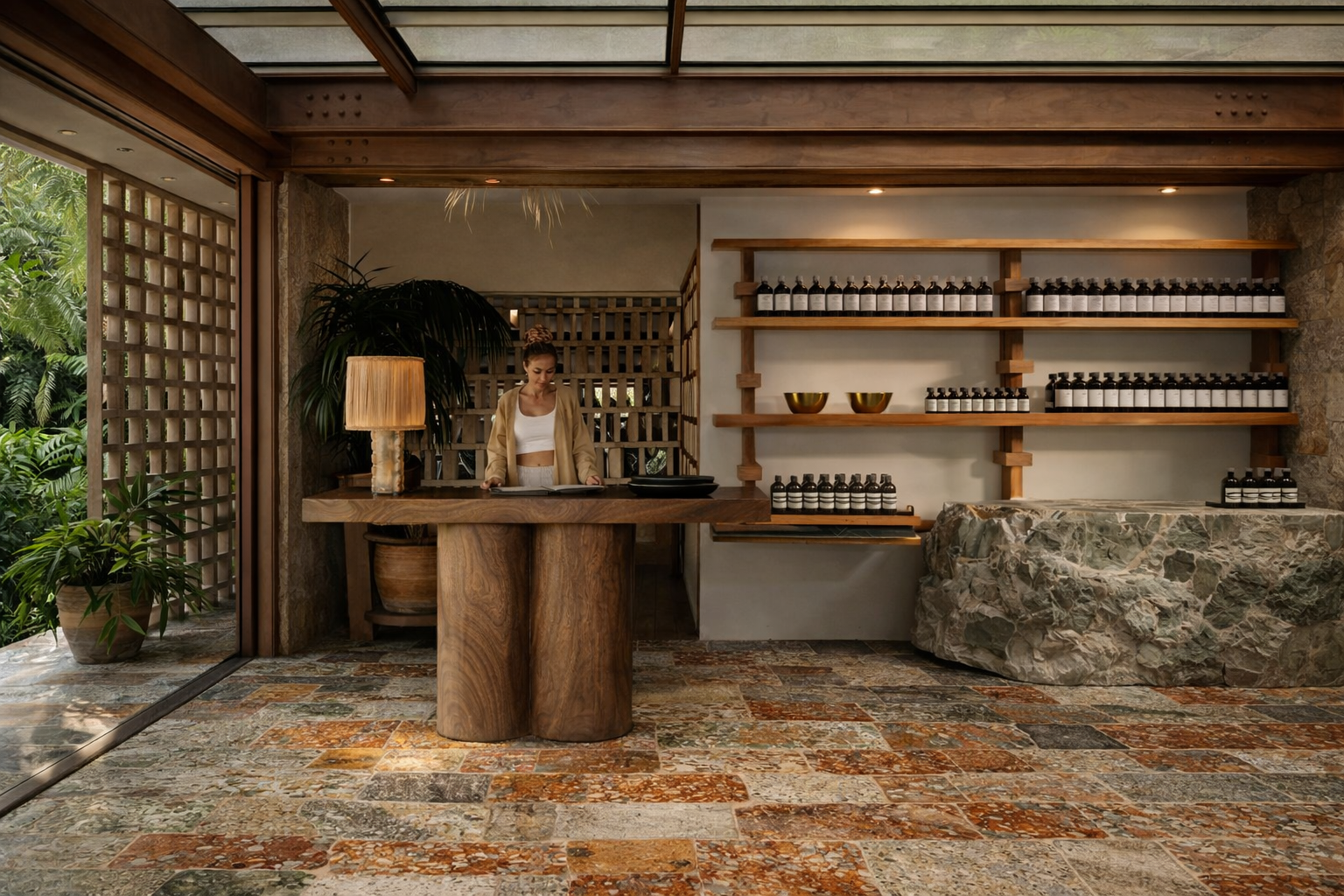 Warm timber and stone hospitality interior